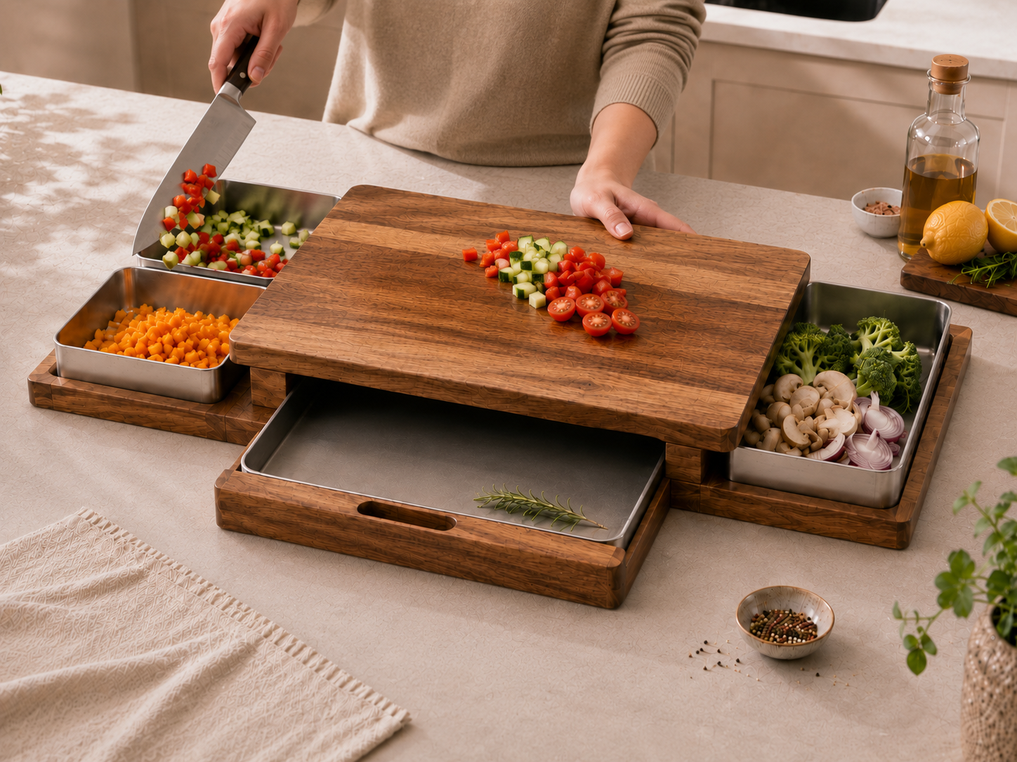 A cook using a knife to slide chopped vegetables from the PrepDock cutting board into a side prep container
