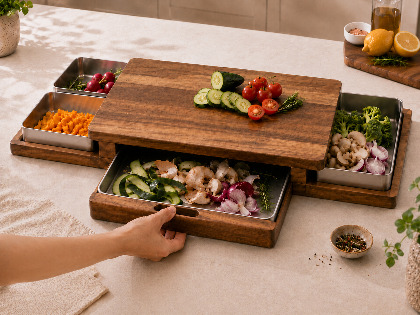 The PrepDock front pull-out collection container being opened with vegetable trimmings inside