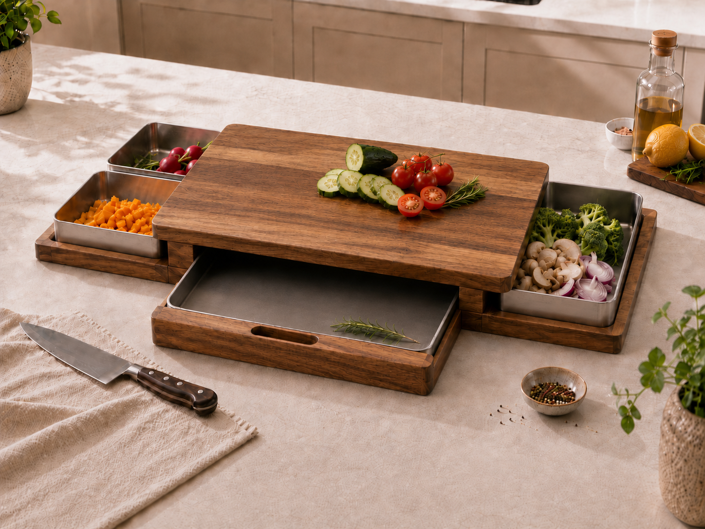 MESTOV PrepDock meal prep station with acacia cutting surface, side trays and removable food-grade 304 stainless-steel containers