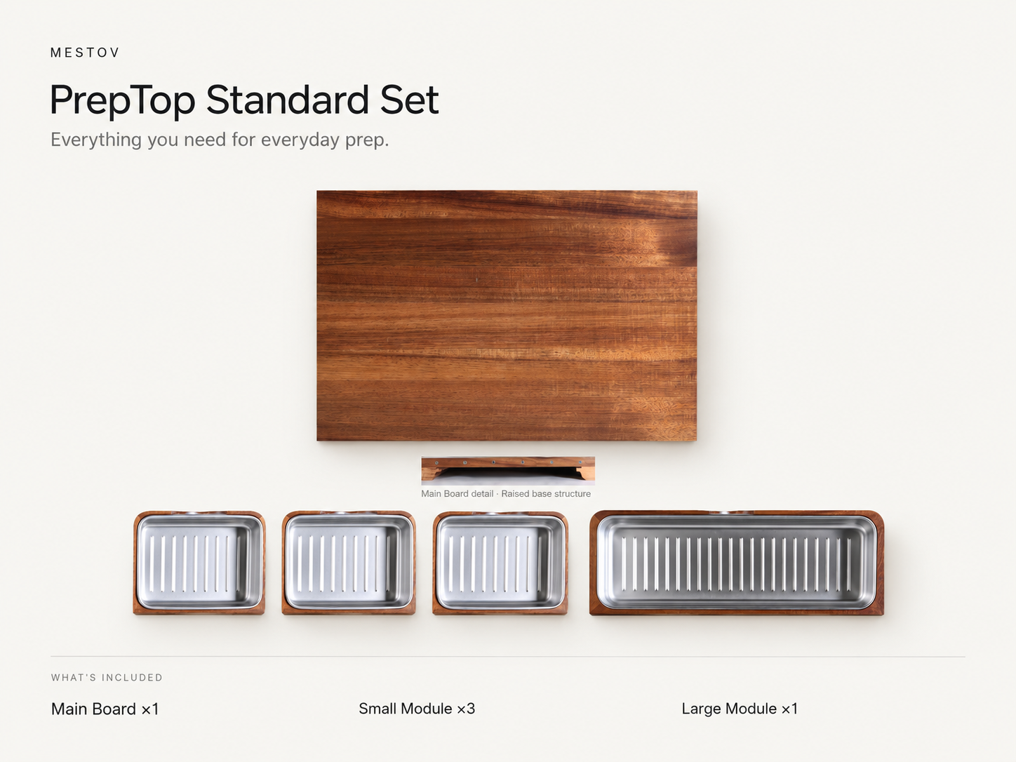 PrepTop Essential Set with the Main Cutting Board, three Small Prep Containers, and one Large Prep Container