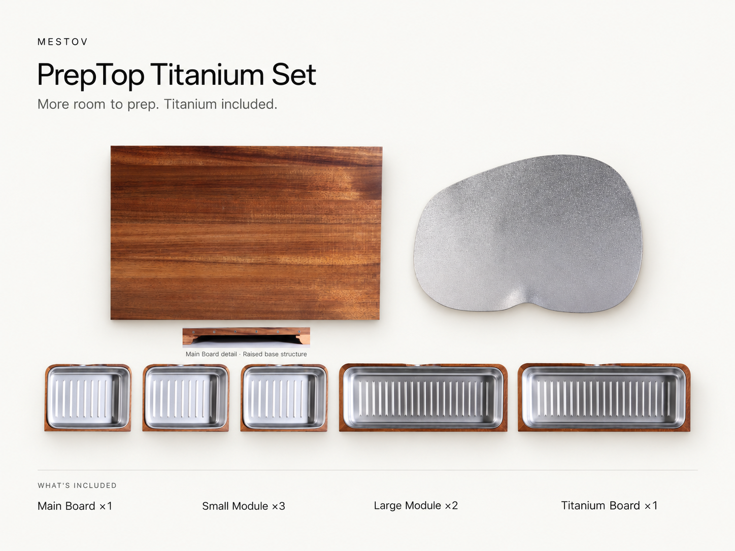 PrepTop Complete Set with the Main Cutting Board, three Small Prep Containers, two Large Prep Containers, and Titanium Prep Board